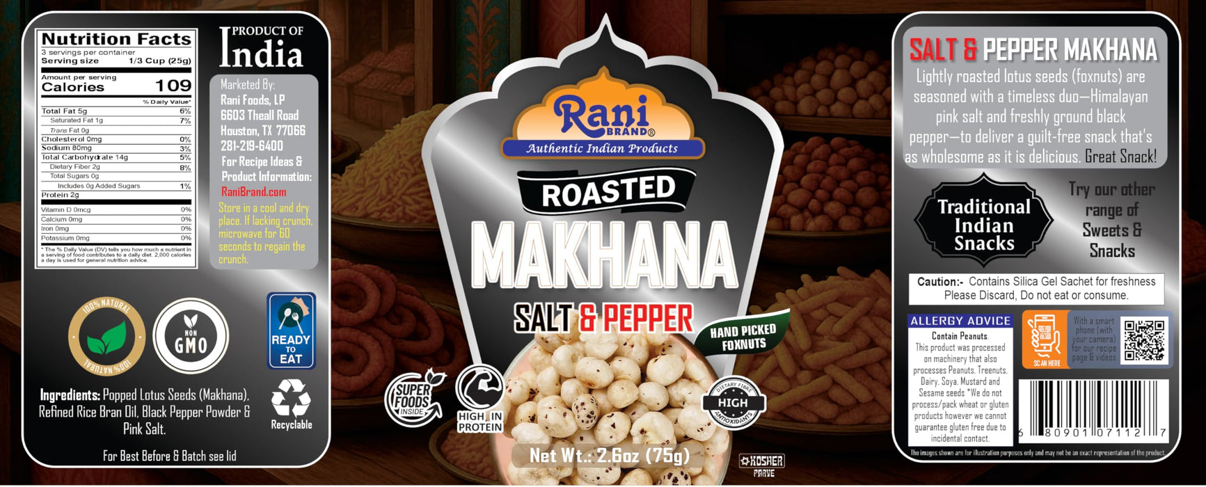 Rani Roasted Makhana (Fox Nut/Popped Lotus Seed) Salt & Pepper Flavor 2.6oz (75g) Ready to eat, Hand Picked Foxnuts ~ All Natural | Vegan | Gluten Friendly | NON-GMO | Kosher | Indian Origin