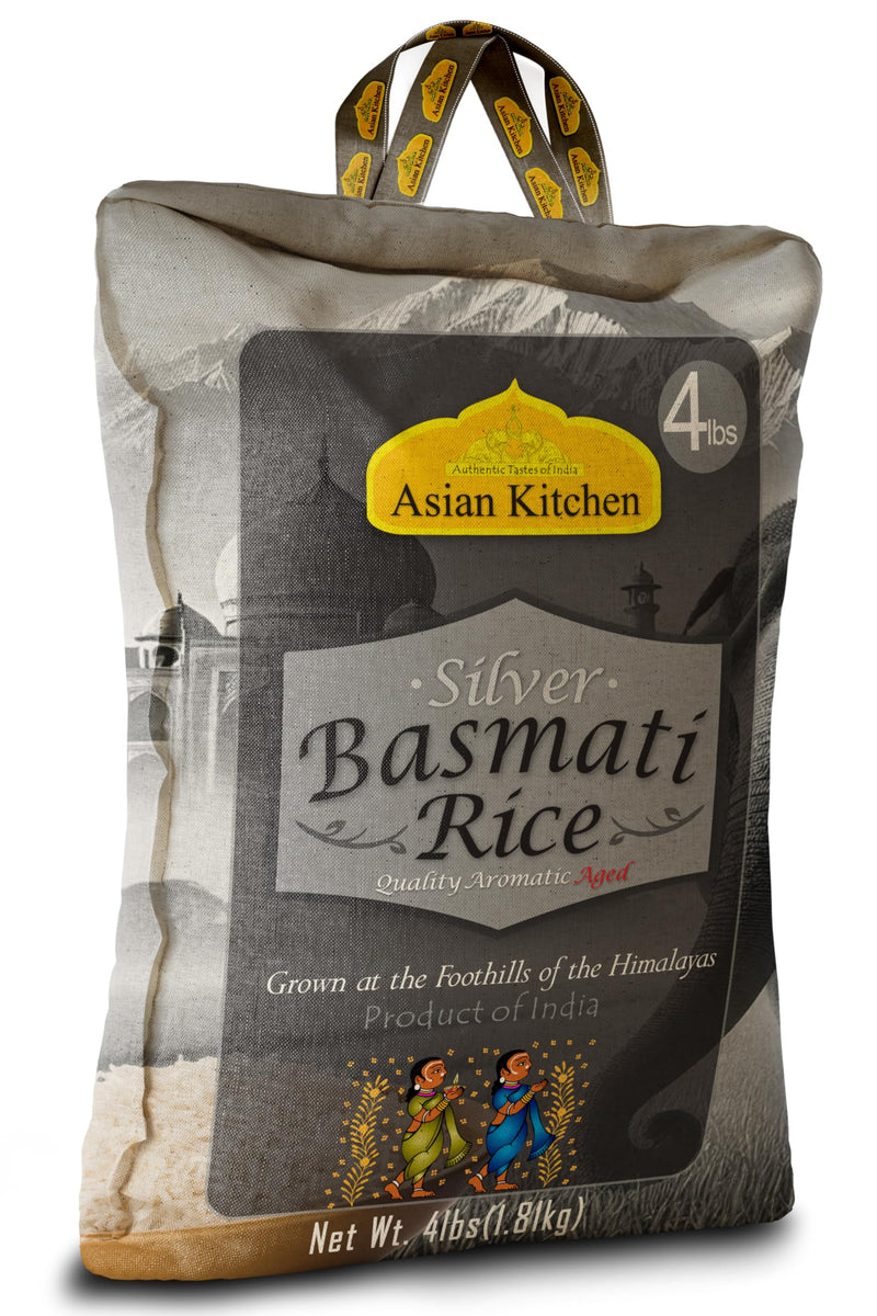 Asian Kitchen Silver White Basmati Rice Aged, 4 Pound (4lbs, 1.81kg) ~ All Natural | Gluten Friendly | Vegan | Indian Origin | Export Quality