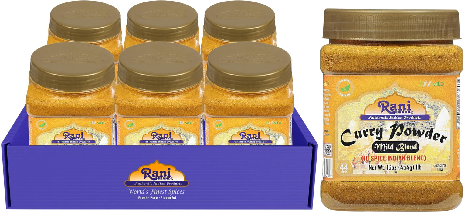 Rani Curry Powder Mild (10-Spice Authentic Indian Blend) 16oz (1lb) 454g PET Jar, Pack of 6 ~ All Natural | Salt-Free | NO Chili or Peppers | Vegan | Gluten Friendly | NON-GMO | Kosher | Indian Origin