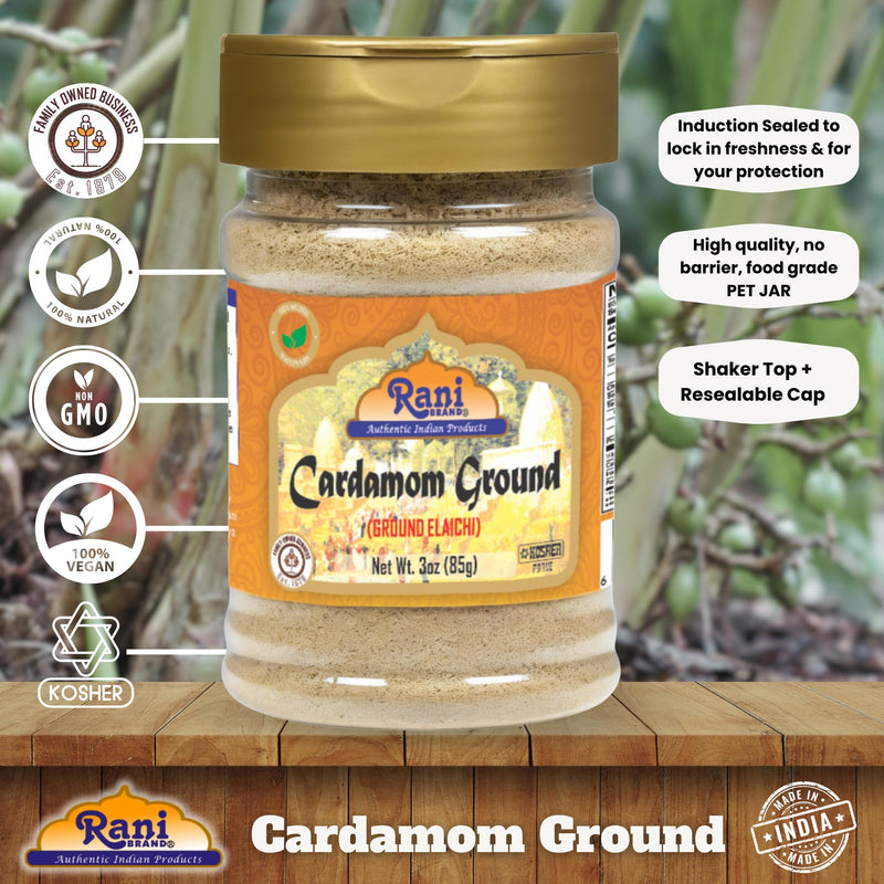 Rani Cardamom (Elachi) Powder 3oz (85g) PET Jar ~ All Natural | No Color added | Gluten Friendly | Vegan | NON-GMO