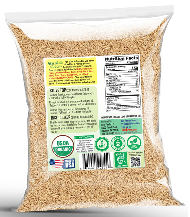 Rani Organic Long Grain Brown Rice 32oz (2lbs) 908g ~ All Natural | Gluten Friendly | Vegan | Non-GMO | Kosher | Product of USA | USDA Certified Organic