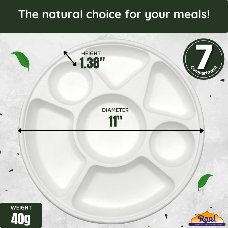 Rani 7 Compartment Round Biodegradable Divided Plates, Pack of 200 ~ Party, Thali, Buffet | Disposable & Eco-Friendly | Heavy-Duty Sturdy Paper Bagasse | Premium Quality | 11" Diameter, 1.38" Height
