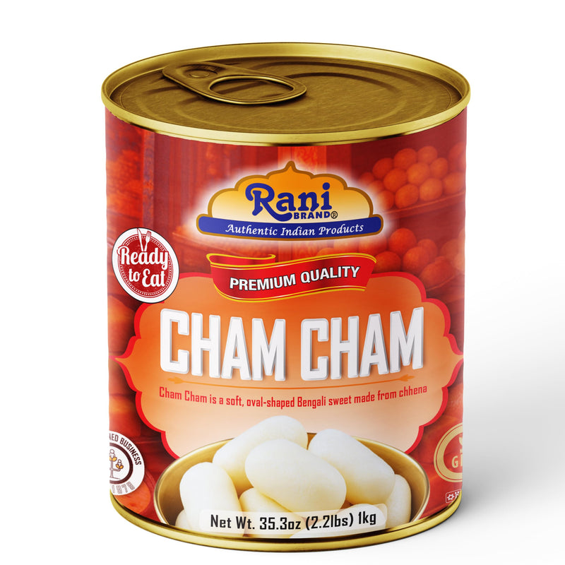 Rani Cham Cham (Oval-shaped Bengali Sweet) 35.3oz (2.2lbs) 1kg, Pack of 2, Approximately 14 pieces, Easy Open Lid ~ Ready to eat | Gluten Free | Non-GMO | Kosher | Indian Origin