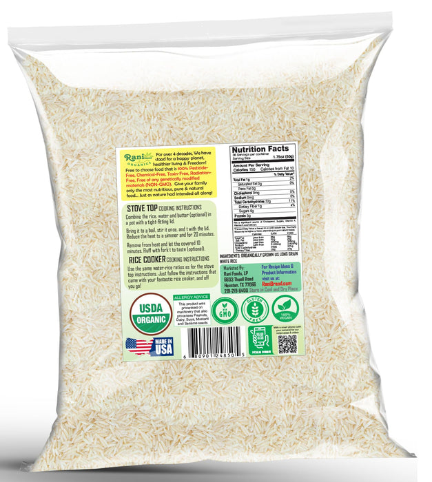 Rani Organic Long Grain White Rice 64oz (4lbs) 1.81kg Bulk ~ All Natural | Gluten Friendly | Vegan | Non-GMO | Kosher | Product of USA | USDA Certified Organic