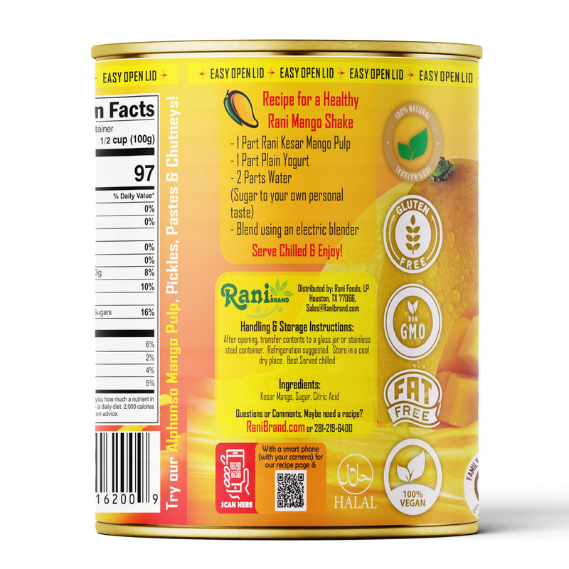 Rani Mango Pulp Puree (Makes Mango Lassi Shakes) Kesar Sweetened 30oz (1.875lbs) 850g Pack of 18 ~ Kosher | All Natural | NON-GMO | Vegan | No colors | Gluten Friendly | Indian Origin