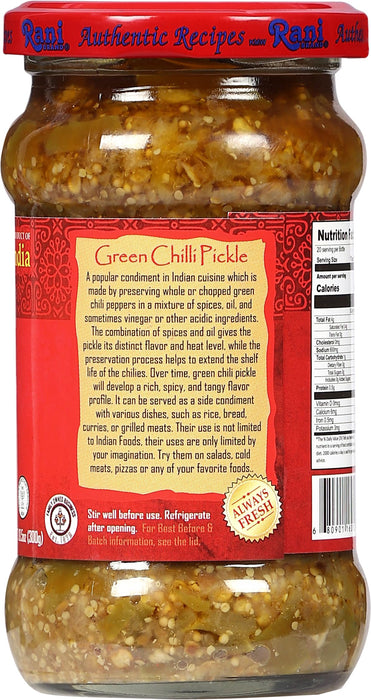 Rani Green Chilli Pickle Hot (Achar, Spicy Indian Relish) 10.5oz (300g)  ~ Glass Jar, Natural | Vegan | Gluten Free | NON-GMO | Kosher | No Colors