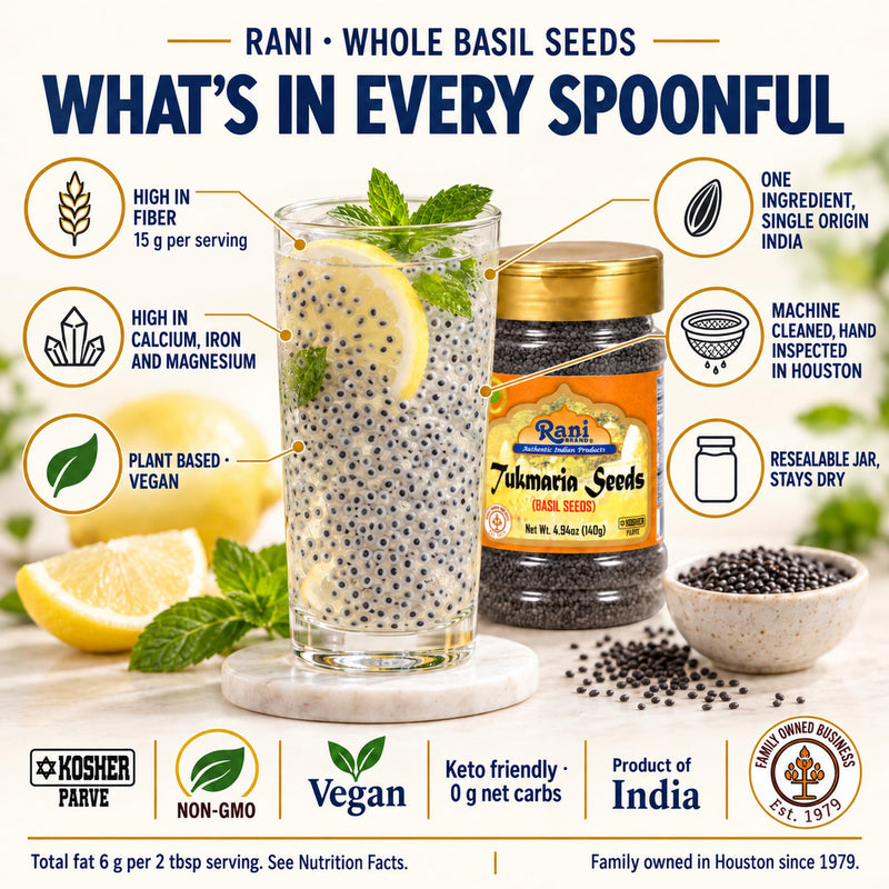 Rani Basil Seeds (Edible Tukmaria, Sabja) 4.94 oz Jar, 15 g Fiber per Serving