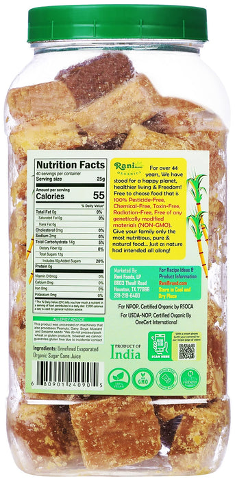 Rani Organic Jaggery (Unrefined Evaporated Organic Sugar Cane Juice) 35oz (2.2lbs) 1kg PET Jar ~ Gluten Friendly | Vegan | NON-GMO | No Salt or fillers | Indian Product | USDA Certified Organic