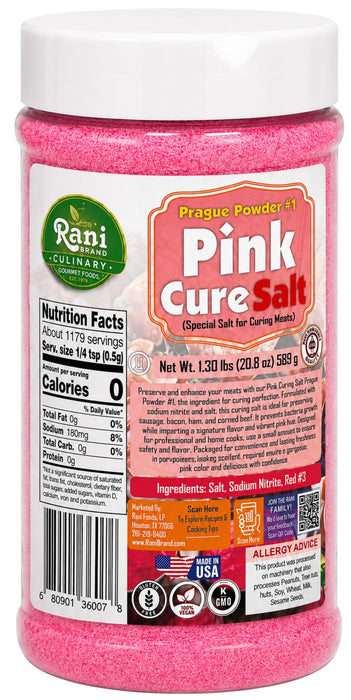 Rani Pink Cure Salt (Special Salt for Curing Meats) 20.8oz (1.3lbs) 589g PET Jar ~ Gluten Free | NON-GMO | Kosher | Vegan | Product of USA