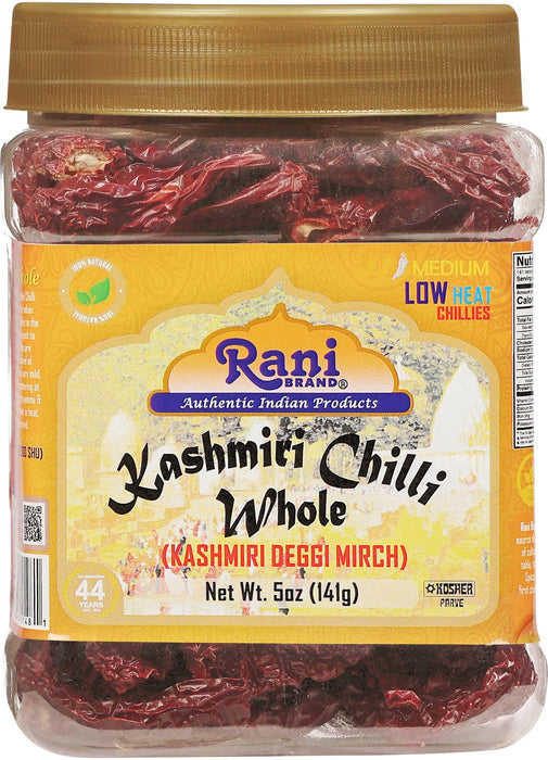 Rani Kashmiri Chilli Whole Stemless (Deggi Mirch) 5oz (141g) PET Jar ~ Natural | Salt-Free | Vegan | Gluten Friendly | Kosher | NON-GMO