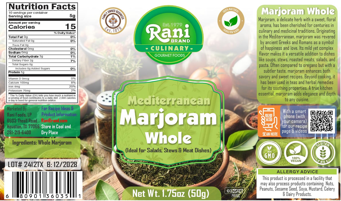 Rani Marjoram Whole (Ideal for Salads, Stews & Meat Dishes) 1.75oz (50g) PET Jar ~ All Natural | Gluten Friendly | NON-GMO | Kosher | Vegan | Indian Origin