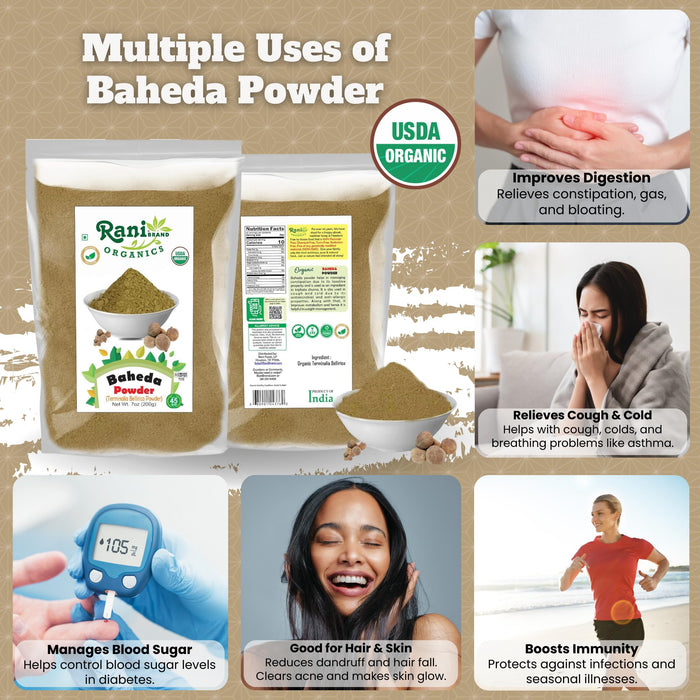 Rani Organic Baheda Powder (Terminalia Bellirica Powder) 7oz (200g) ~ All Natural | No Color | Gluten Friendly | Vegan | Non-GMO | Kosher | No Salt or fillers | Indian Origin | USDA Organic Certified