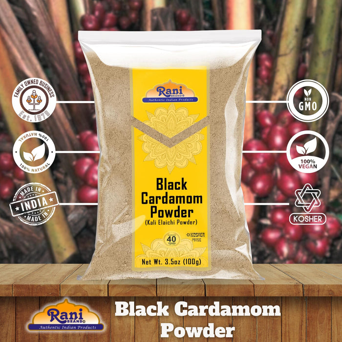 Rani Black Cardamom Powder (Kali Elachi) Indian Spice 3.5oz (100g) ~ All Natural | Vegan | Gluten Friendly | NON-GMO | Kosher | Indian Origin | Smokey, Tsaoko, Cao Guo, Bach Dan Khau, Badi