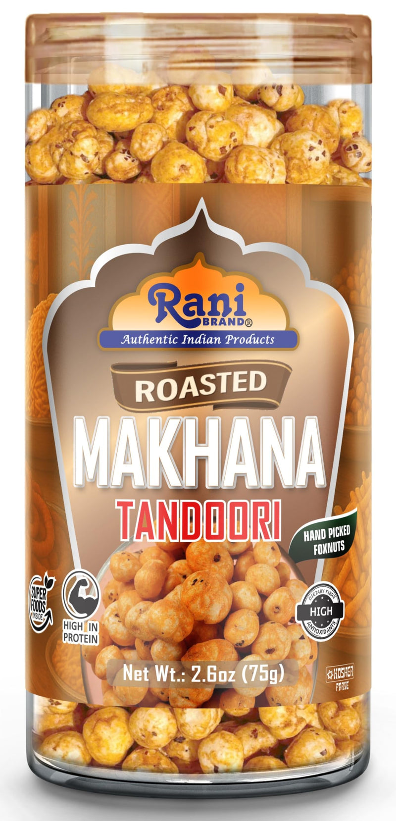Rani Roasted Makhana (Fox Nut/Popped Lotus Seed) Tandoori Flavor 2.6oz (75g) Ready to eat, Hand Picked Foxnuts ~ High in Protein | Vegan | Gluten Friendly | NON-GMO | Kosher | Indian Origin