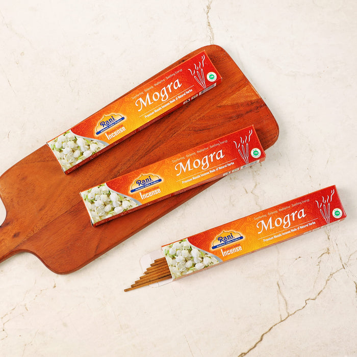 Rani Mogra Incense (Premium Masala Incense Made of Natural Herbs) 15g x 10 Packets ~ Total of 100 Incense sticks | For Puja Purposes | Indian Origin