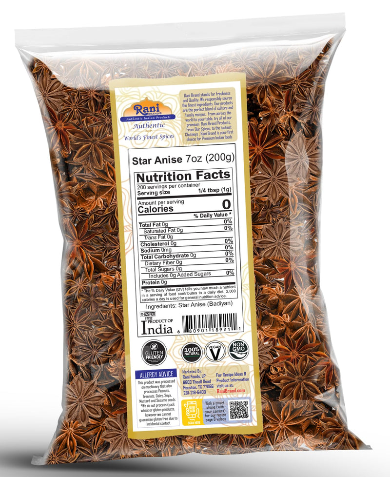 Rani Star Anise Seeds, Whole Pods (Badian Khatai) Spice 7oz (200g) ~ All Natural | Gluten Friendly | Kosher | Vegan | Whole Chinese Anise Star Sun Dried Spice, Anis Estrella / Illicium Verum, Widely Used for Baking, Drinks, Cooking, and Tea