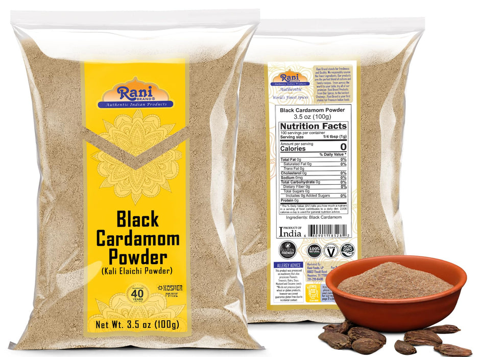 Rani Black Cardamom Powder (Kali Elachi) Indian Spice 3.5oz (100g) ~ All Natural | Vegan | Gluten Friendly | NON-GMO | Kosher | Indian Origin | Smokey, Tsaoko, Cao Guo, Bach Dan Khau, Badi