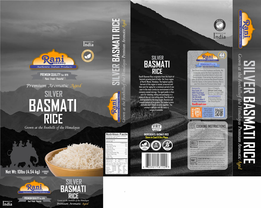 Rani Silver White Basmati Rice Extra Long Aged 10-Pound Bag, 160oz (10lbs) 4.53kg ~ All Natural | Gluten Friendly | Vegan | Indian Origin | Kosher | Export Quality