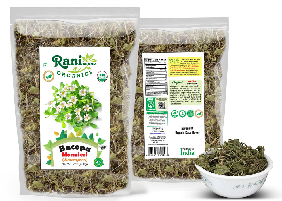 Rani Organic Bacopa Monnieri (Waterhyssop) 7oz (200g) ~ All Natural | No Color | Gluten Friendly | Vegan | Non-GMO | Kosher | No Salt or fillers | Indian Origin | USDA Organic Certified