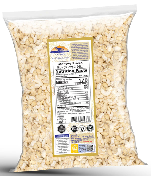 Rani Raw Cashews Halves and Pieces (uncooked, unsalted) 80oz (5lbs) 2.27kg Bulk ~ All Natural, No Preservatives | Vegan | NON-GMO | Kosher | Gluten Friendly