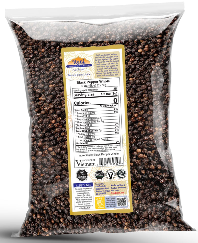 Rani Black Pepper Whole (Peppercorns), Premium Bold Tellicherry Quality 80oz (5lbs) 2.27kg Bulk ~ All Natural | Gluten Friendly | Non-GMO | Kosher | Product of Vietnam | Perfect size for Grinders!