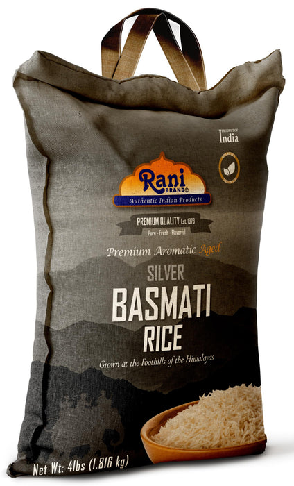 Rani Silver White Basmati Rice Extra Long Aged 4-Pound Bag, 4lbs (64oz) 1.81kg ~ All Natural | Gluten Friendly | Vegan | Indian Origin | Kosher | Export Quality