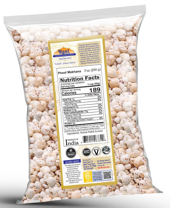 Rani Jumbo Phool Makhana (Fox Nut/Popped Lotus Seed) Plain Raw Uncooked 7oz (200g) ~ All Natural | Vegan | No Colors | Gluten Friendly | NON-GMO | Kosher | Indian Origin