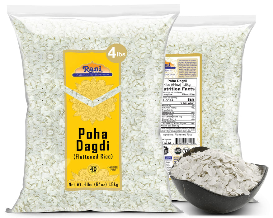 Rani Poha (Powa) Extra Thick Dagadi-Cut (Flattened Rice) 64oz (4lbs) 1.81kg Bulk ~ All Natural, Salt-Free | Vegan | Kosher | No Colors | Gluten Friendly | Indian Origin