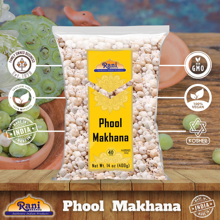 Rani Phool Makhana (Fox Nut / Popped Lotus Seed) 14oz (400g) ~ Plain Raw Uncooked | ~ All Natural | Vegan | No Colors | Gluten Friendly | NON-GMO | Kosher