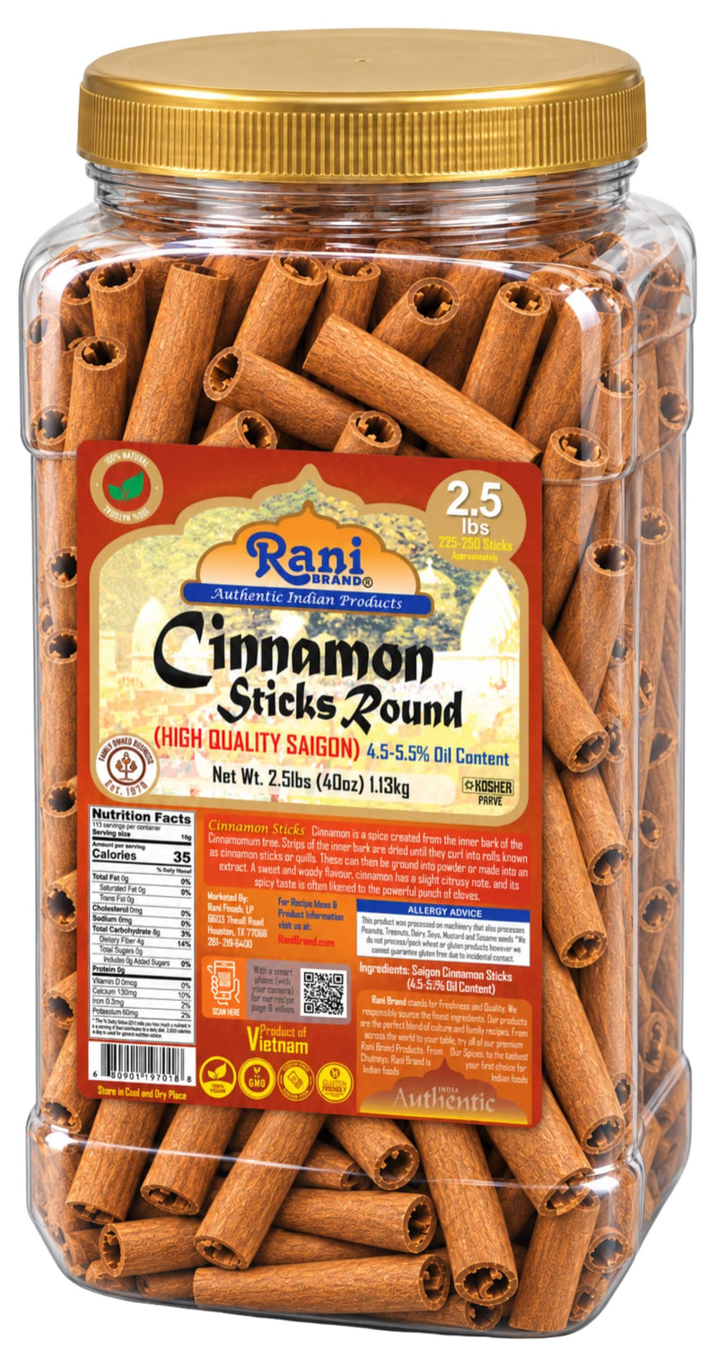 Rani Cinnamon Sticks 40oz (2.5lbs) 1.13kg Bulk PET Jar - 220 -250 Sticks - Strong Aroma, Perfect for Baking, Cooking & Beverages | 3+ Inches Length - Cassia Saigon Cinnamon from Vietnam | Kosher