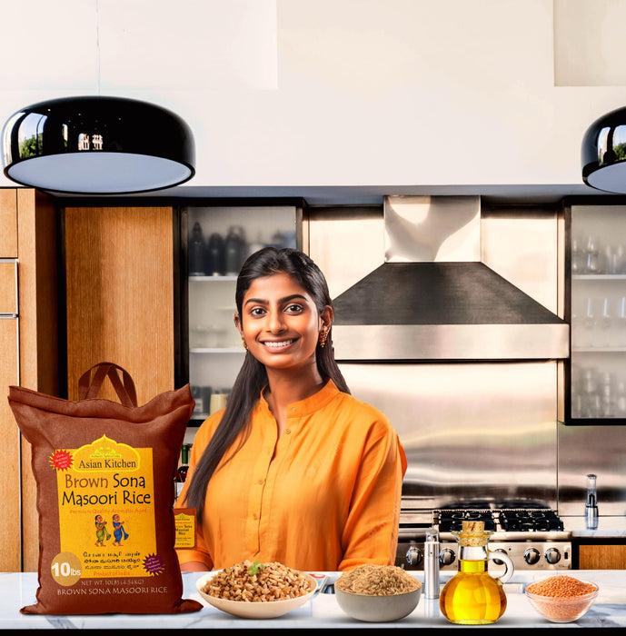 Asian Kitchen Brown Sona Masoori Aged Rice 10lbs (4.54kg) Short Grain Rice ~ All Natural | Gluten Friendly | Vegan | Kosher | Indian Origin | Export Quality