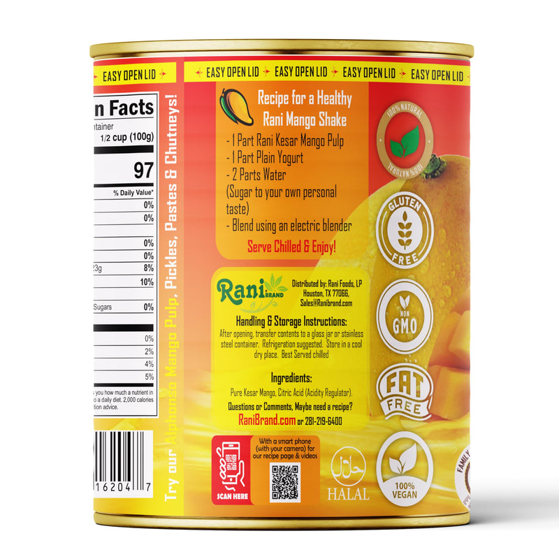 Rani Mango Pulp Puree (Makes Mango Lassi Shakes) Kesar Unsweetened 30oz (1.875lbs) 850g ~ Kosher | All Natural | NON-GMO | Vegan | No colors | Gluten Friendly | Indian Origin