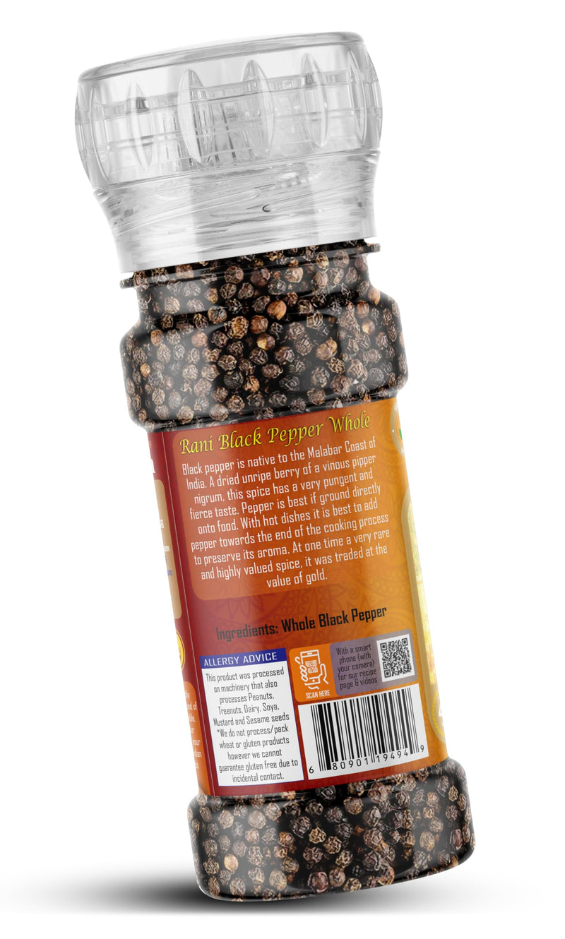 Rani Black Pepper Whole (Peppercorns), Premium Bold Tellicherry Quality 1.8oz (51g) Grinder Bottle ~ All Natural | Gluten Friendly | Non-GMO | Kosher | Product of Vietnam | Perfect size for Grinders!