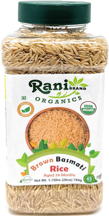 Rani Organic Brown Basmati Rice Extra Long Aged 28oz (1.75lbs) 800g PET Jar ~ All Natural | Gluten Friendly | Vegan | Indian Origin | Kosher | Export Quality | USDA Certified Organic