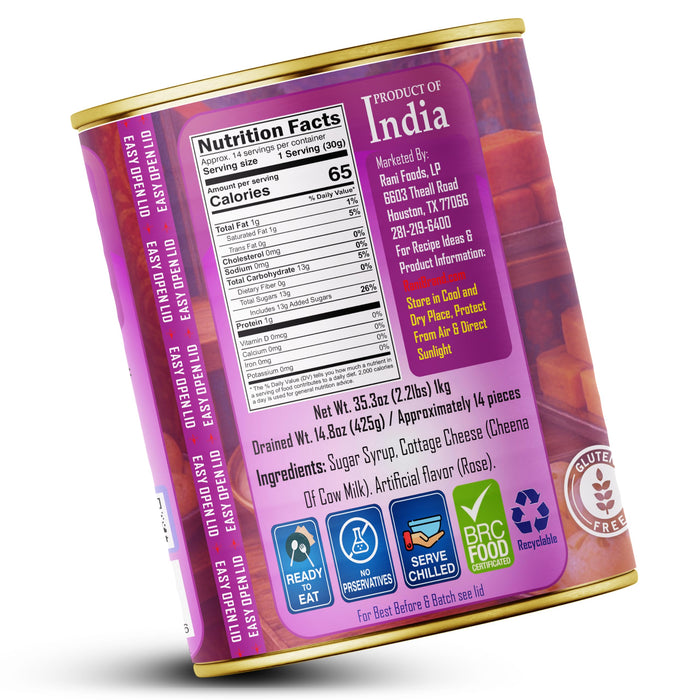 Rani Rasmalai (Soft Cheese Dumplings) 35.3oz (2.2lbs) 1kg Pack of 18, Approximately 14 pieces, Easy Open Lid ~ Ready to eat | Gluten Free | Non-GMO | Kosher | Indian Origin
