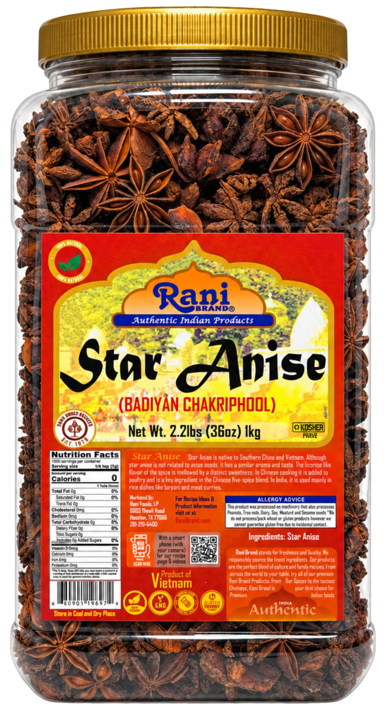 Rani Star Anise Seeds, Whole Pods (Badian Khatai) Spice 35oz (2.2lbs) 1kg PET Jar ~ All Natural | Gluten Friendly | NON-GMO | Kosher | Vegan | Indian Origin