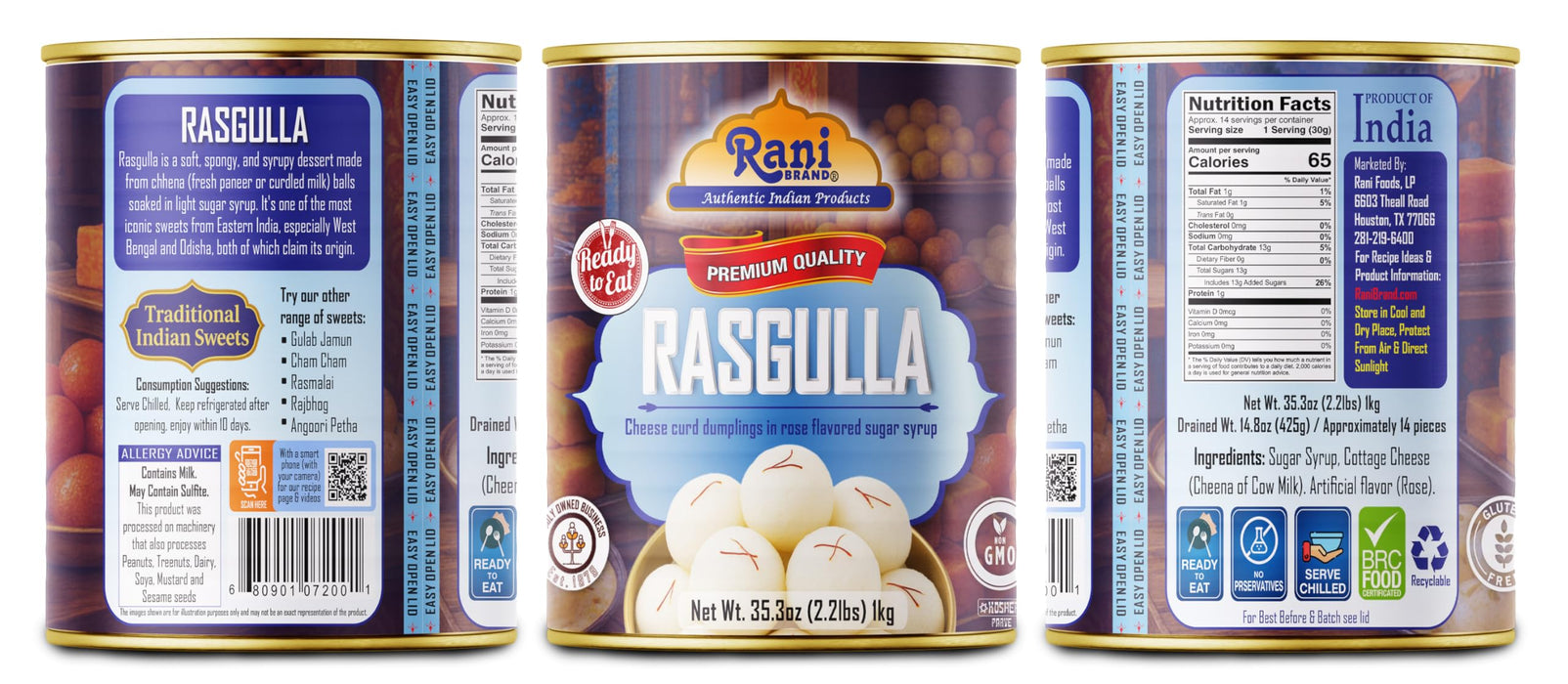Rani Rasgulla (Cheese Curd Dumplings in Rose Flavor) 35.3oz (2.2lbs) 1kg Pack of 18, Approximately 14 pieces, Easy Open Lid ~ Ready to eat | Gluten Free | Non-GMO | Kosher | Indian Origin