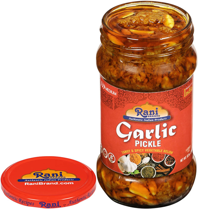 Rani Garlic Pickle Mild (Achar, Spicy Indian Relish) 10.5oz (300g) ~ Glass Jar, All Natural | Vegan | Gluten Free | NON-GMO | Kosher | No Color | Indian Origin