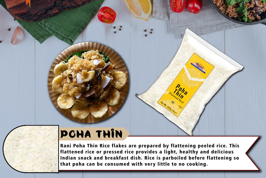 Rani Poha (Powa) Thin Cut (Flattened Rice) 14oz (400g) ~ All Natural, Salt-Free | Vegan | No Colors | Gluten Friendly | Indian Origin