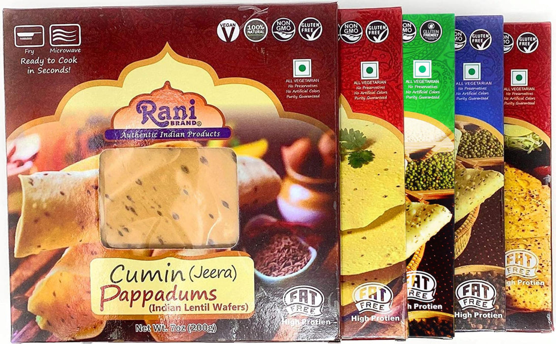 Rani Pappadums (Indian Lentil Wafer Snack) 5-Variety Papad Pack (Green Chilli, Garlic, Cumin, Extra Hot, Black Pepper) 7oz (200g) Approximately 15pc, 7 inches ~ All Natural | Gluten Friendly | NON-GMO