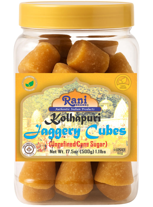 Rani Kolhapuri Jaggery Cubes (Unrefined Cane Sugar) 17.5oz (1.1lbs) 500g PET Jar ~ All Natural, No Color added, Gluten Friendly | Vegan | NON-GMO | Kosher | No Salt or fillers