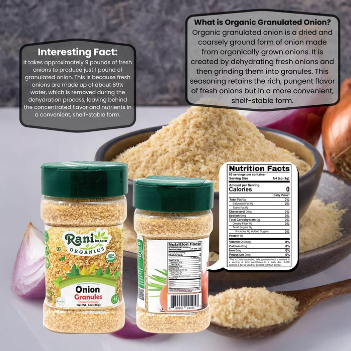 Rani Organic Granulated Onion (Pyaaz Granules) 3oz (85g) PET Jar ~ All Natural | Gluten Friendly | Vegan | NON-GMO | Kosher | No Salt or fillers | Indian Origin