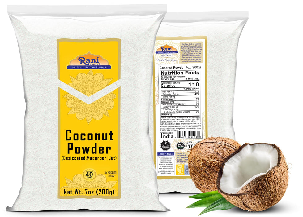 Rani Coconut Fine Powder (Desiccated, Macaroon Cut) 7oz (200g) Raw (uncooked, unsweetened) ~ All Natural | Vegan | Kosher | Gluten Friendly