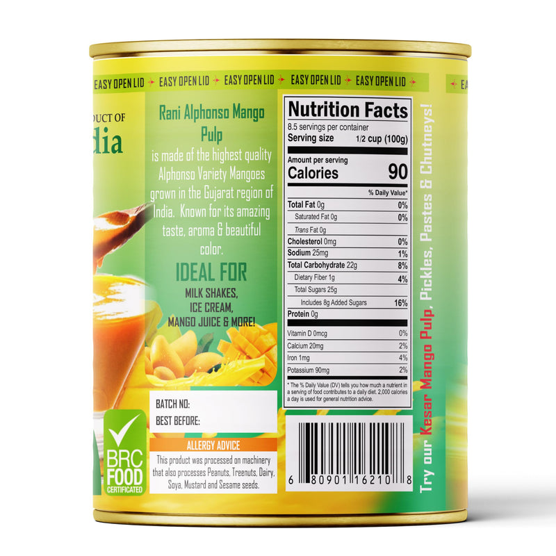 Rani Mango Pulp Puree (Makes Mango Lassi Shakes) Alphonso Sweetened 30oz (1.875lbs) 850g Pack of 6 ~ Kosher | All Natural | NON-GMO | Vegan | No colors | Gluten Friendly | Indian Origin