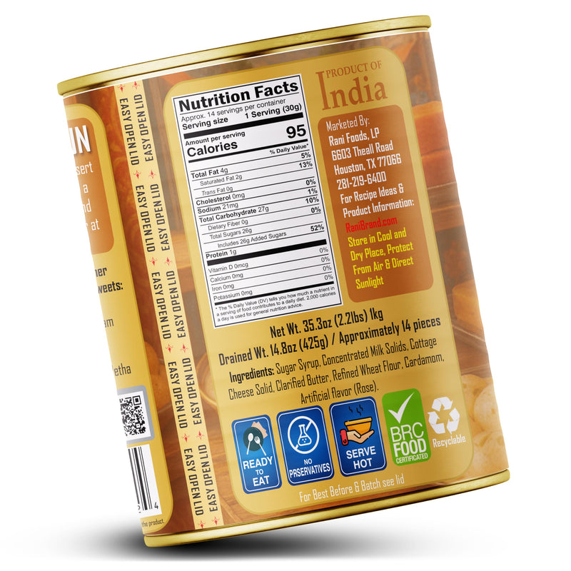 Rani Gulab Jamun Long (w/ Cardamom Flavored Sugar Syrup) 35.3oz (2.2lbs) 1kg, Pack of 6, Approximately 14 pieces, Easy Open Lid ~ Ready to eat | Vegan | Non-GMO | Kosher | Indian Origin
