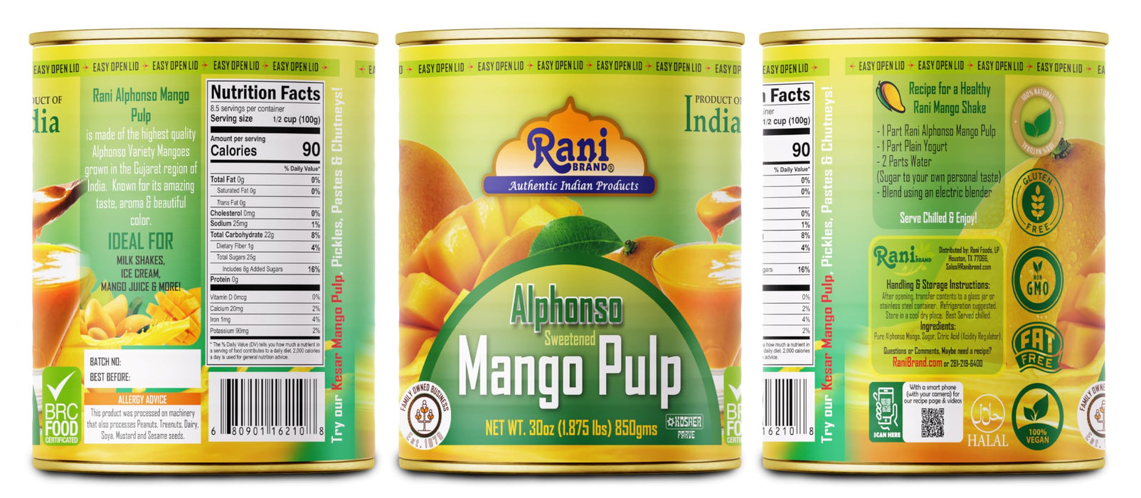 Rani Mango Pulp Puree (Makes Mango Lassi Shakes) Alphonso Sweetened 30oz (1.875lbs) 850g ~ Kosher | All Natural | NON-GMO | Vegan | No colors | Gluten Friendly | Indian Origin