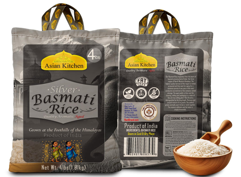 Asian Kitchen Silver White Basmati Rice Aged, 4 Pound (4lbs, 1.81kg) ~ All Natural | Gluten Friendly | Vegan | Indian Origin | Export Quality