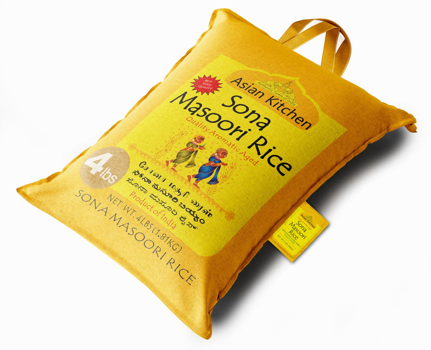 Asian Kitchen White Sona Masoori Aged Rice 4lbs (1.81kg) Short Grain Rice ~ All Natural | Gluten Friendly | Vegan | Indian Origin | Export Quality