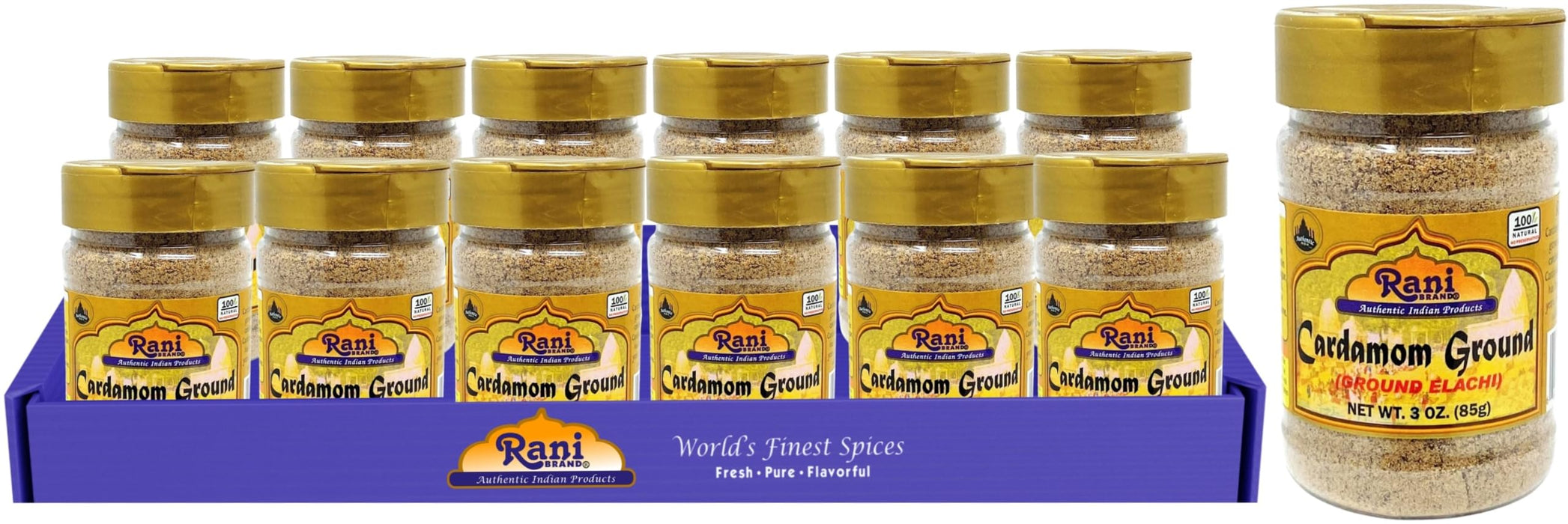 Rani Cardamom (Elachi) Ground, Powder Indian Spice 3oz (85g) PET Jar, Pack of 12 ~ All Natural | No Color Added | Gluten Friendly | Vegan | NON-GMO | No Salt or Fillers