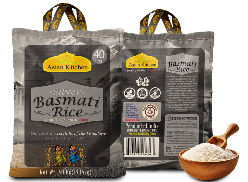 Asian Kitchen Silver White Basmati Rice Aged 40lbs (18.18kg) ~ All Natural | Gluten Friendly | Vegan | Indian Origin | Export Quality